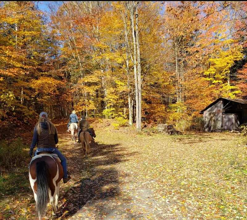 Cavaliers près d'une cabane au milieu d'un feuillage d'automne doré.